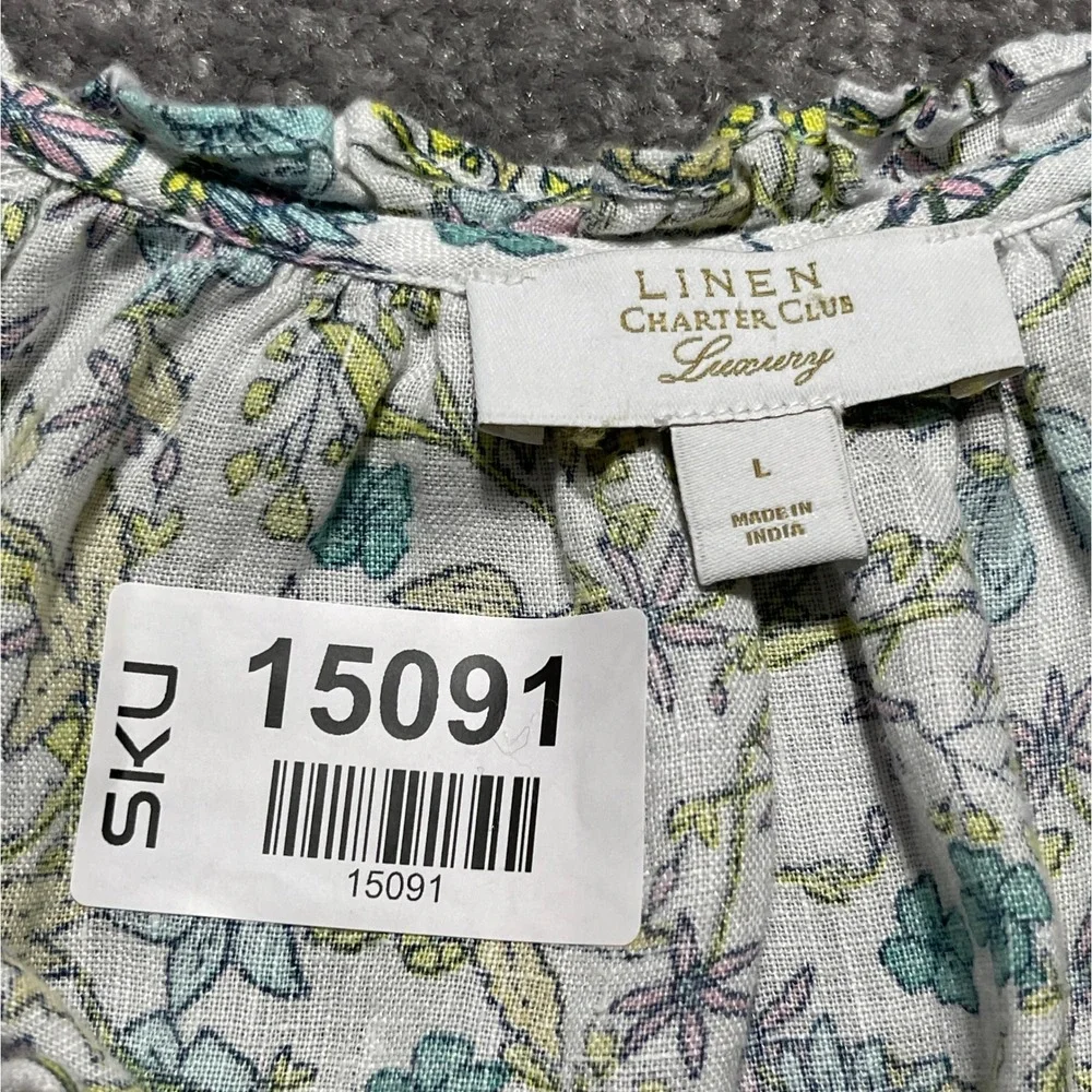 Linen Charter Club Luxury Floral Button Down Long Sleeve Top Blouse Womens - Picture 3 of 9